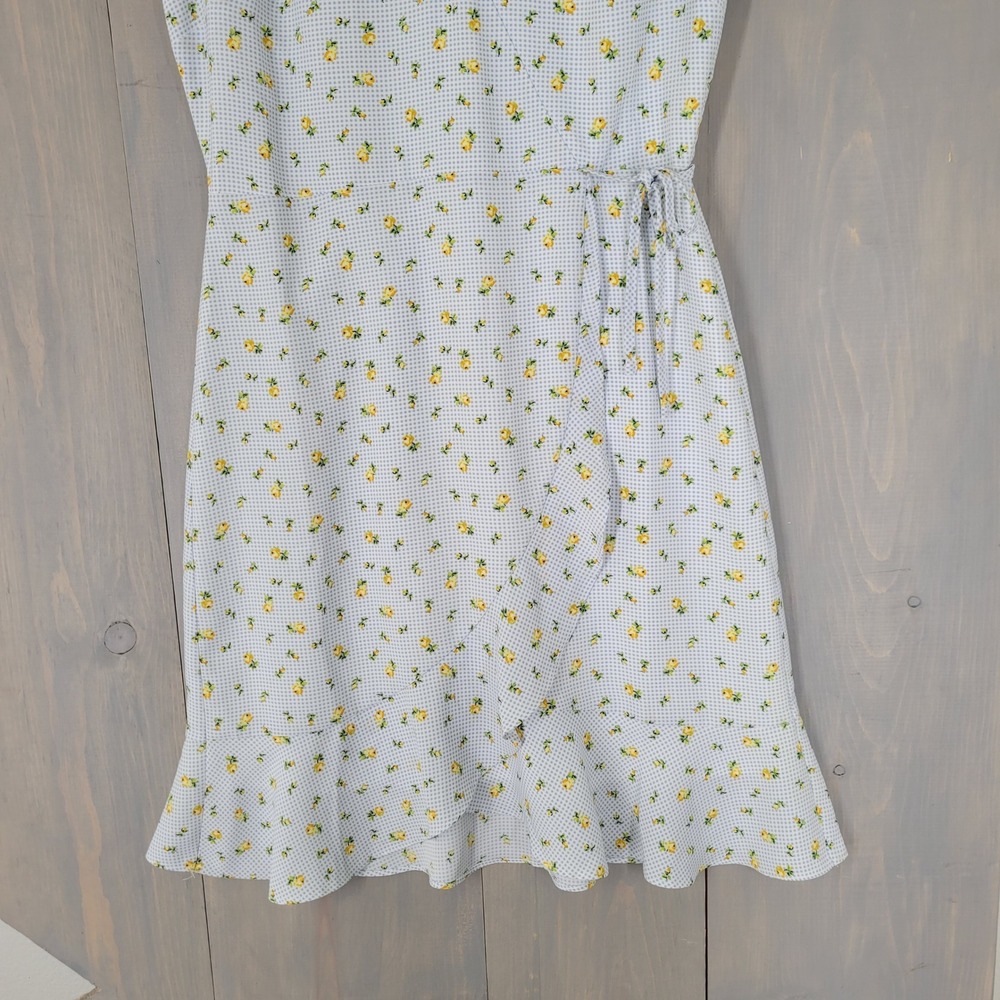 LOFT Wrap Dress Womens 0 Blue Gingham Yellow Floral Flutter Sleeve Ruffle NEW - Picture 4 of 10